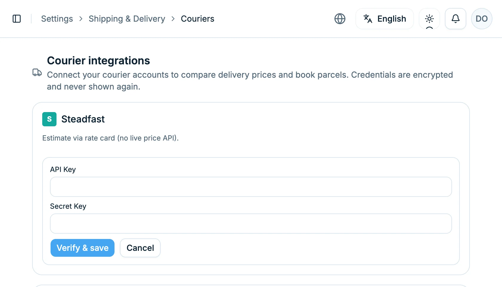 The Couriers settings page with the Steadfast API Key and Secret Key boxes open