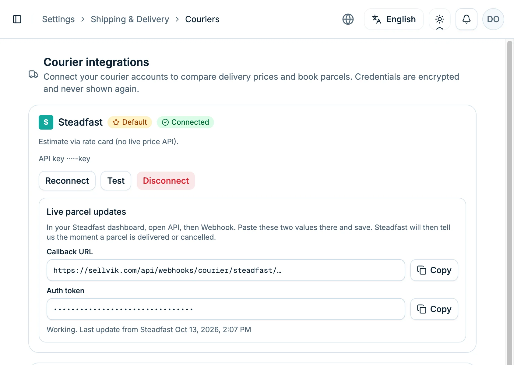 Steadfast shown as connected, with the Callback URL and Auth token and a Copy button beside each
