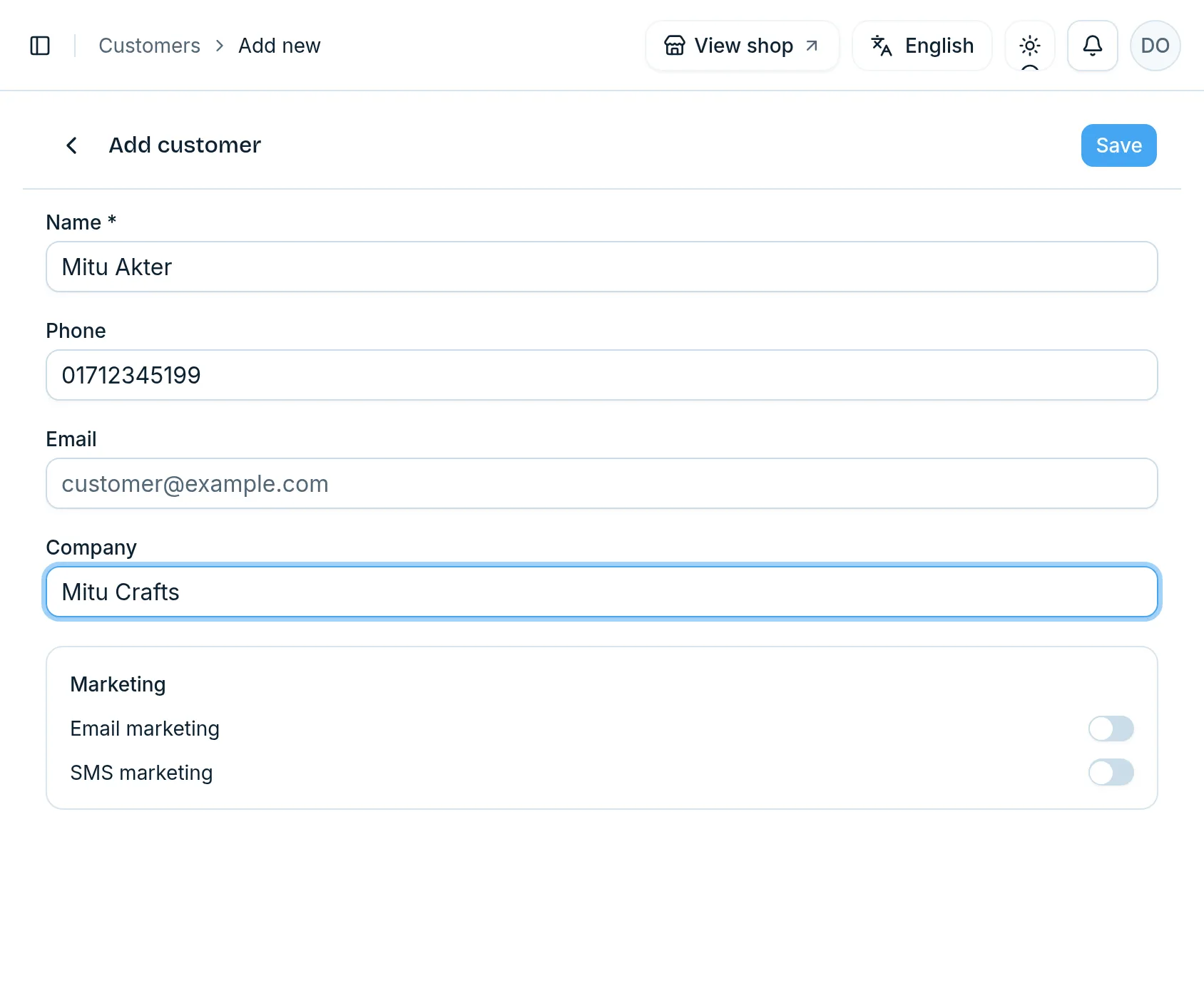 The Add customer form with name, phone, email, company and the email and SMS marketing switches