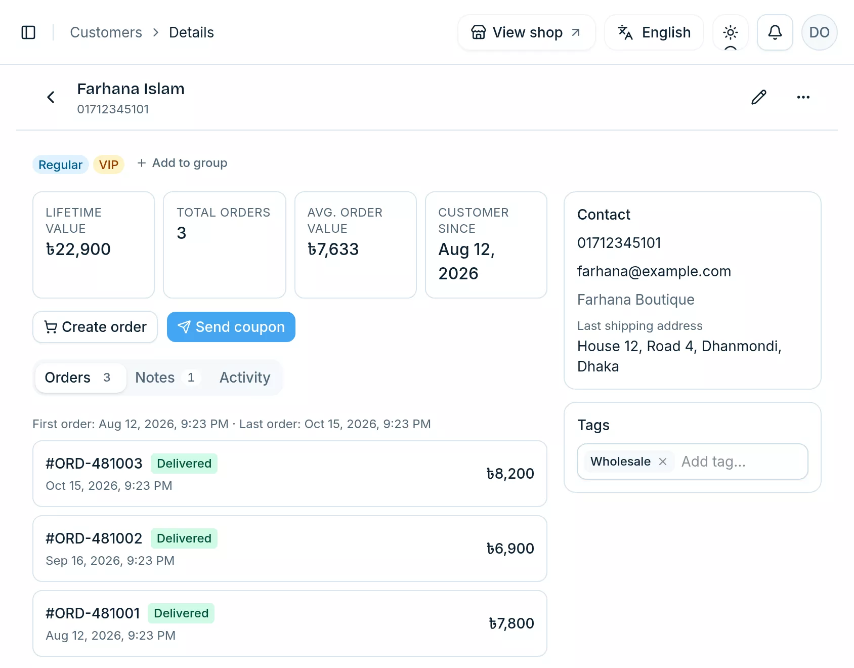 A customer's page with lifetime value, total orders, average order value and customer since, their contact details and tags, and the Orders tab listing their orders