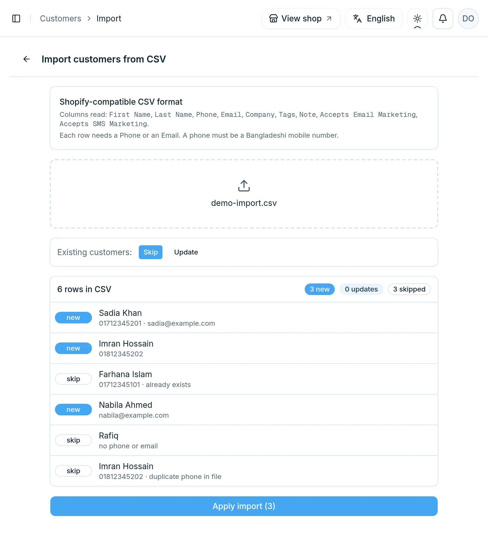 The Import customers from CSV page with the columns it reads, the Skip and Update choice, and a preview of six rows marked new or skip