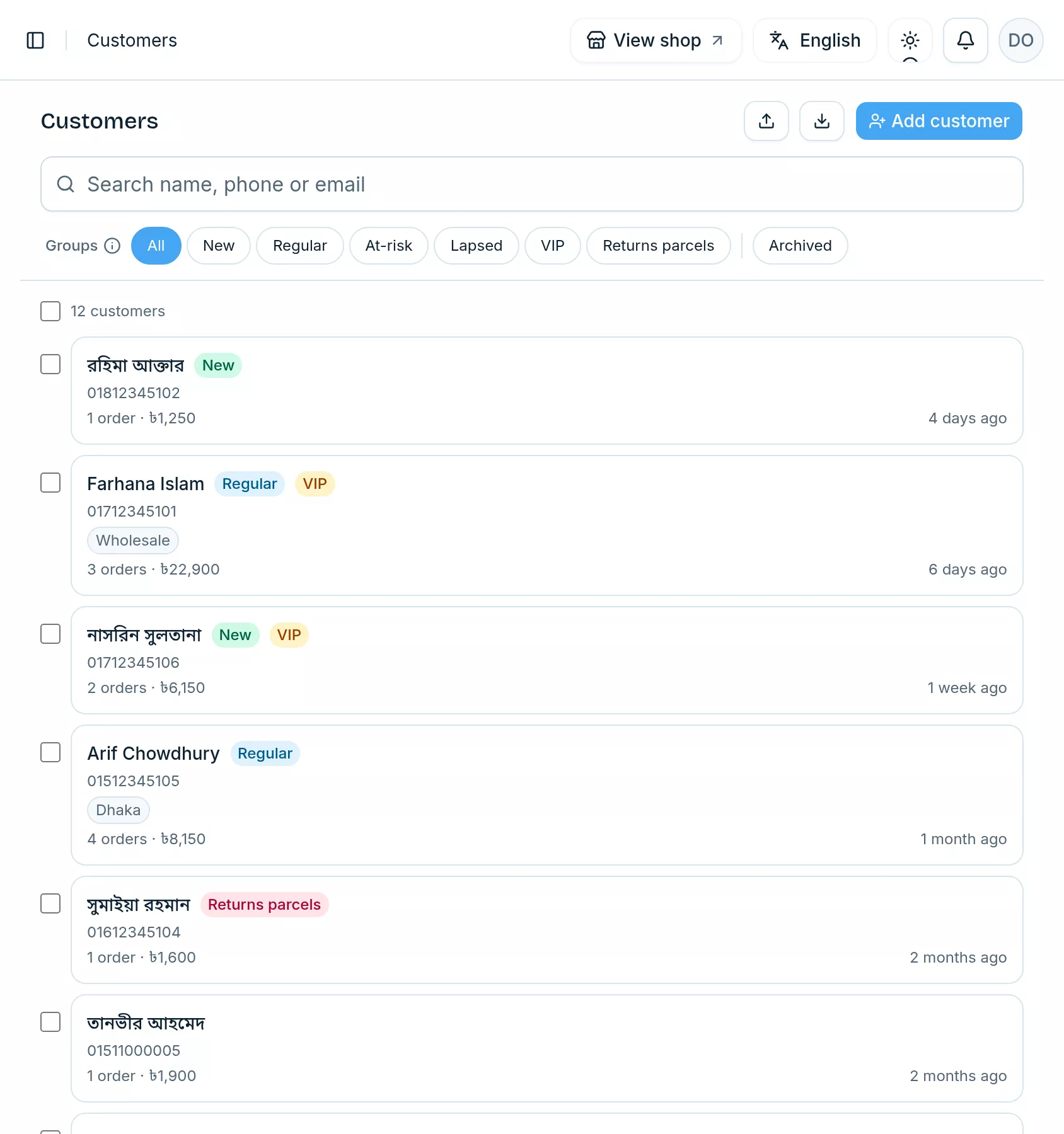 The Customers page: a search box, the Groups buttons (All, New, Regular, At-risk, Lapsed, VIP, Returns parcels), Archived, and a list of customers with their groups, orders and total spent