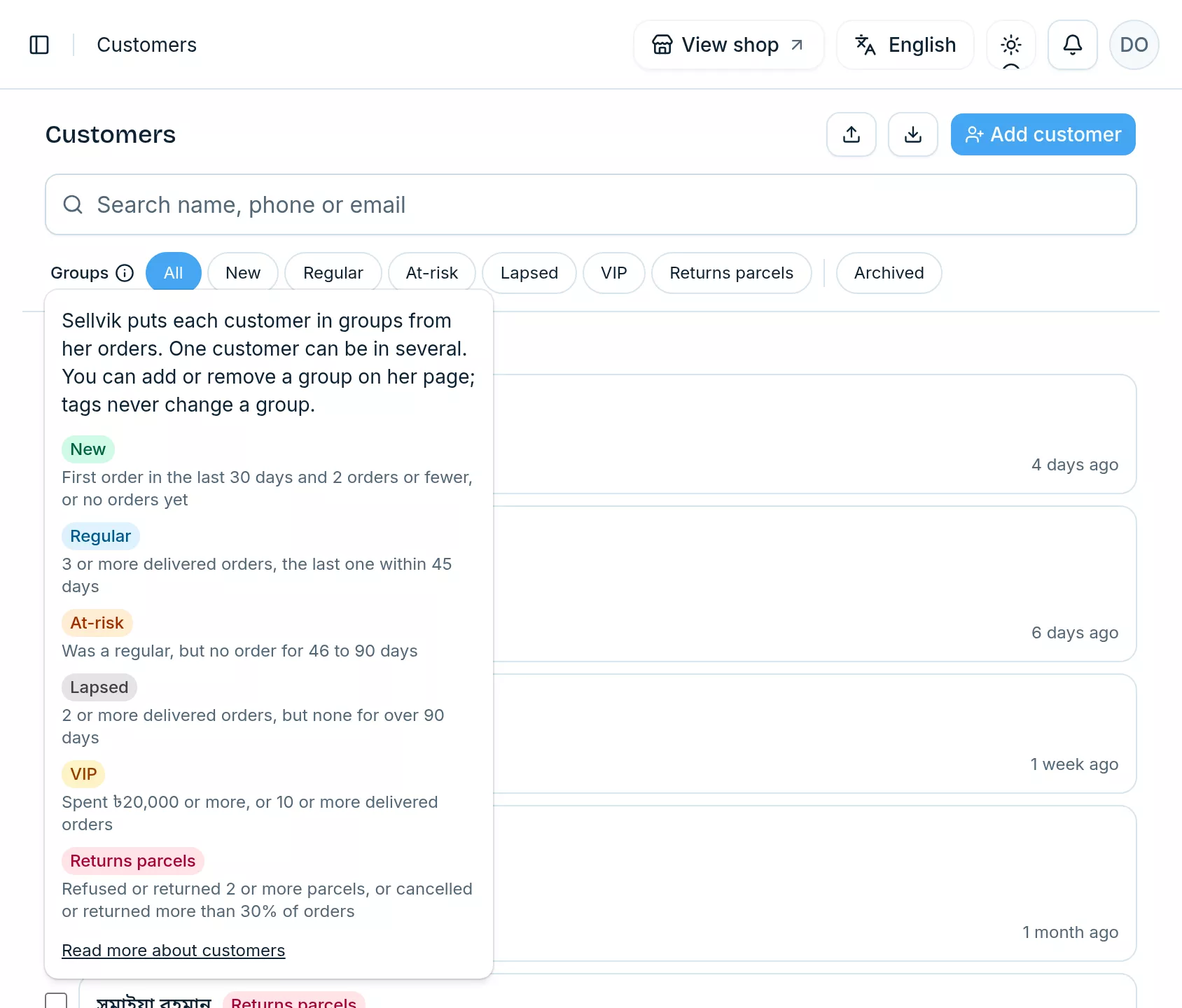The Groups explanation open above the customer list, with all six groups and their rules
