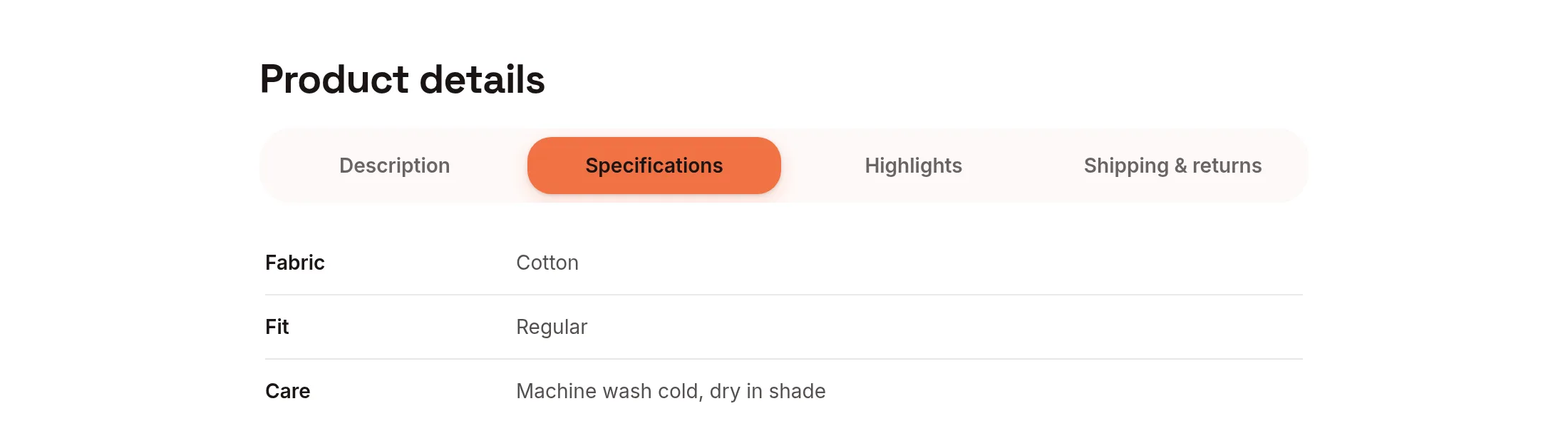 The product page's Specifications tab listing Fabric Cotton, Fit Regular and Care