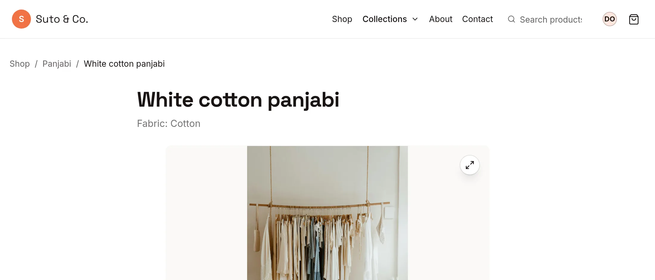 A product page: the path Shop › Panjabi above the name comes from the collection, and "Fabric: Cotton" under the name comes from the product type