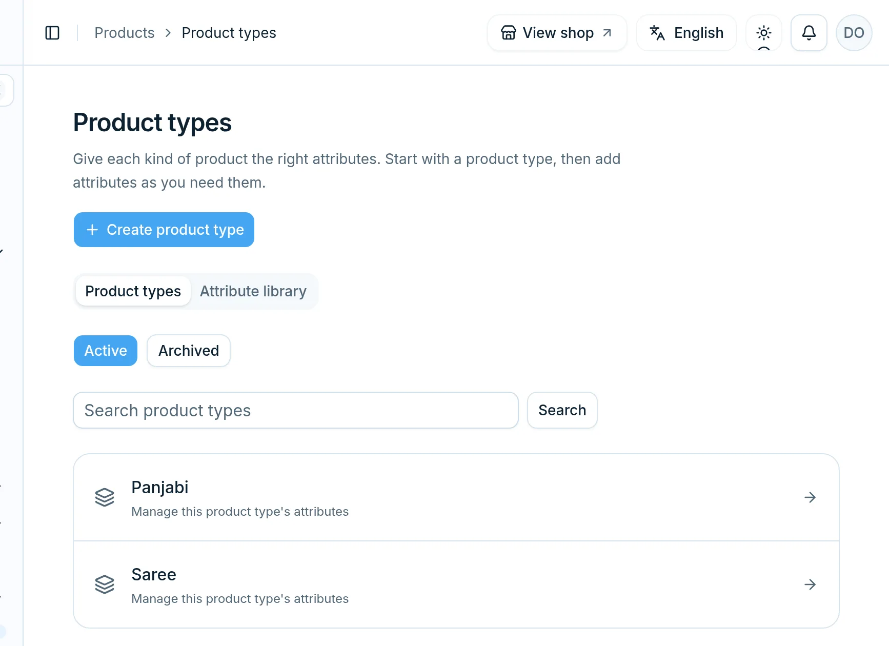 The Product types page with Panjabi and Saree, the Create product type button, and the Attribute library tab