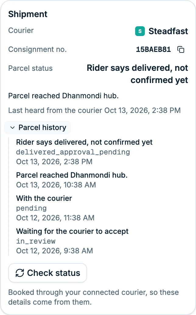 The Shipment card on a Sellvik order page: parcel status and history