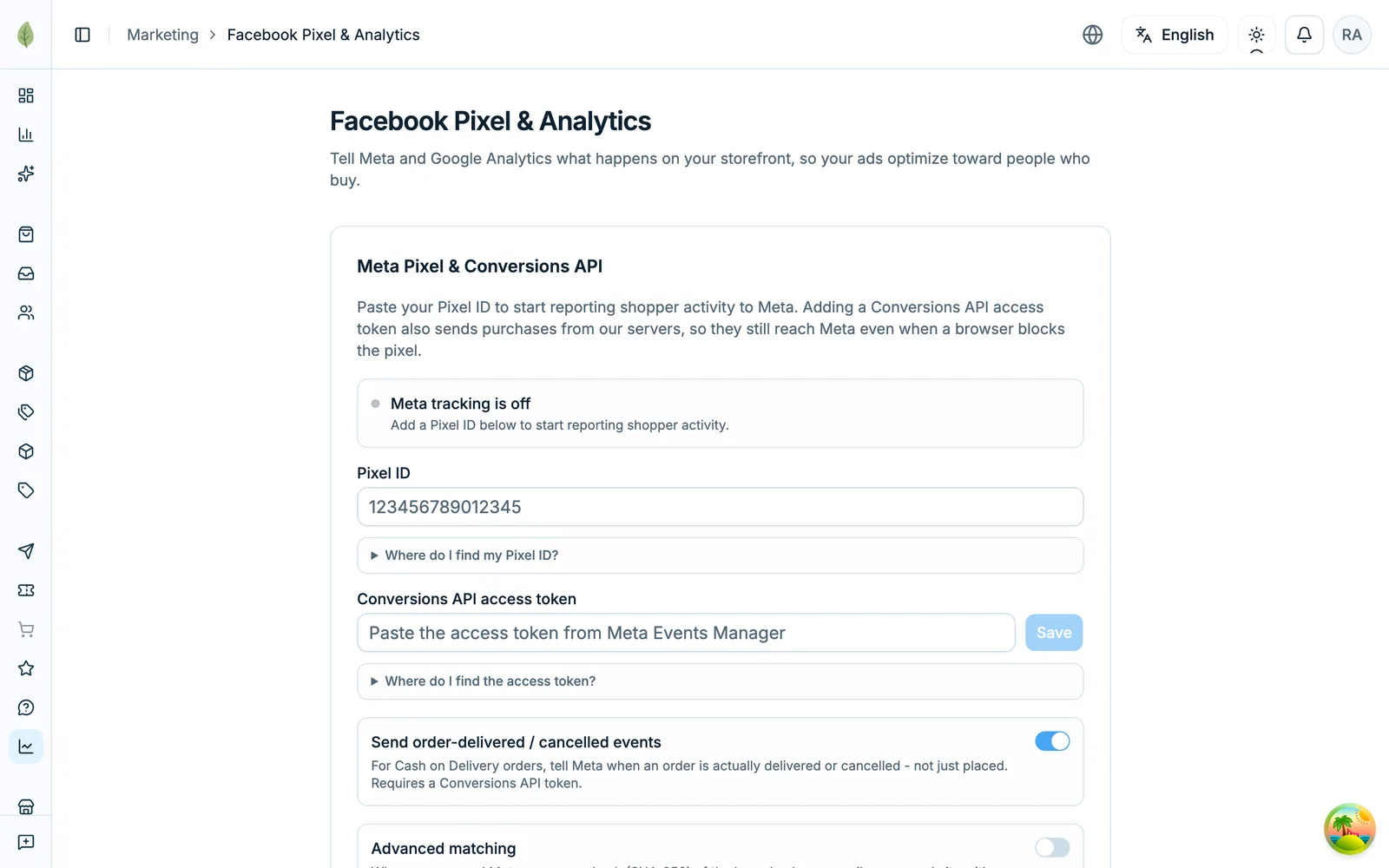The Facebook Pixel and analytics settings page in the Sellvik panel